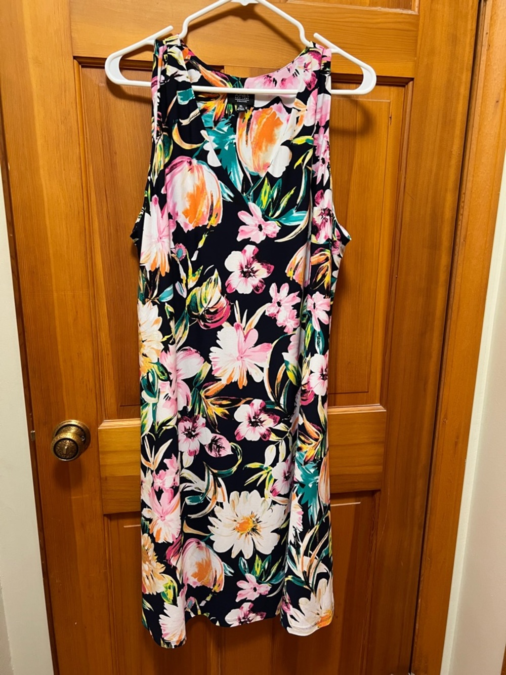 Jones New York Black Floral Midi Dress with Pink, Green & Cream Accents